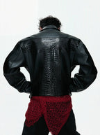 【26s Feb.】Deconstructed Croc-Embossed Asymmetric Zip Leather Jacket