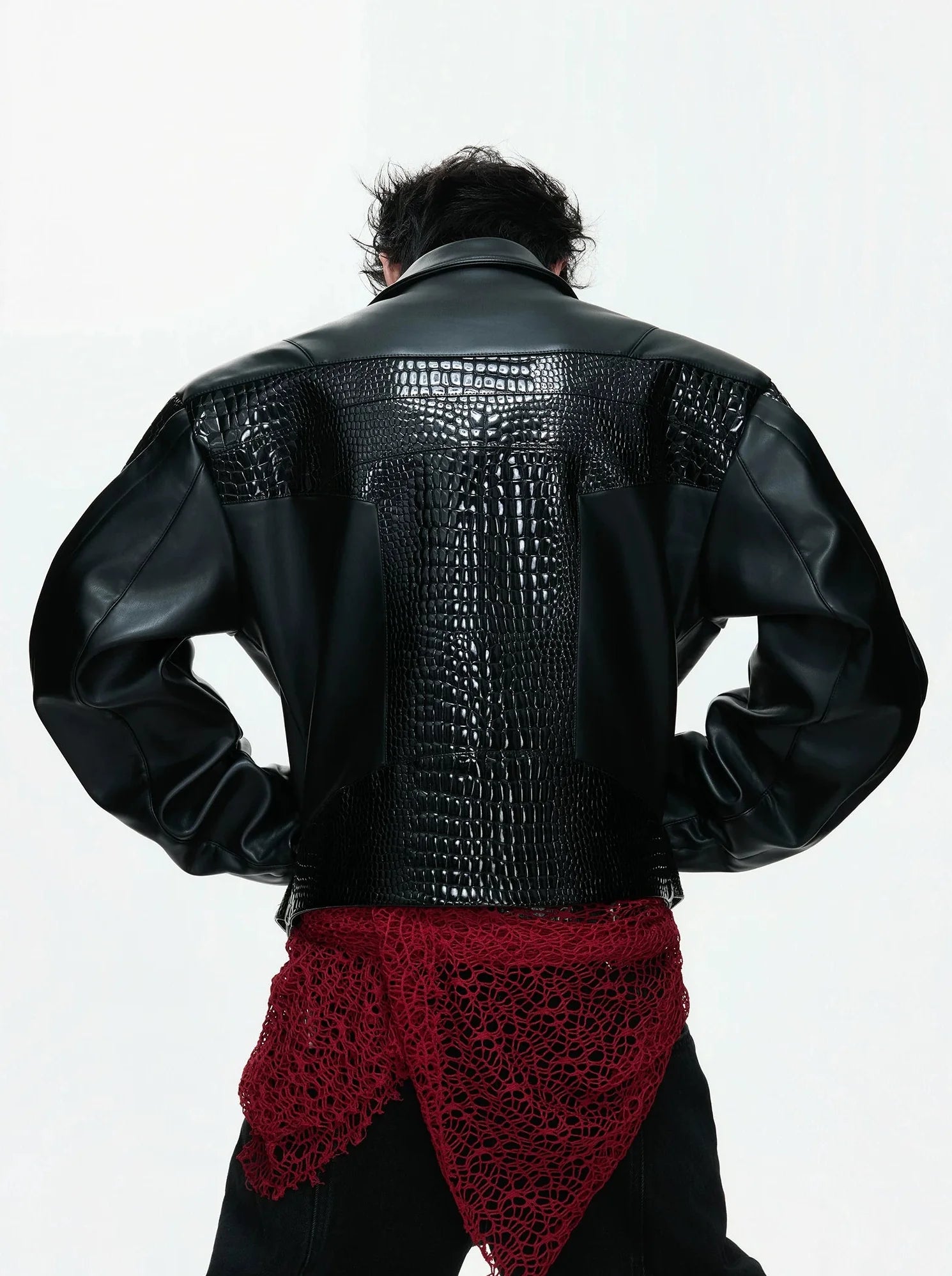 【26s Feb.】Deconstructed Croc-Embossed Asymmetric Zip Leather Jacket