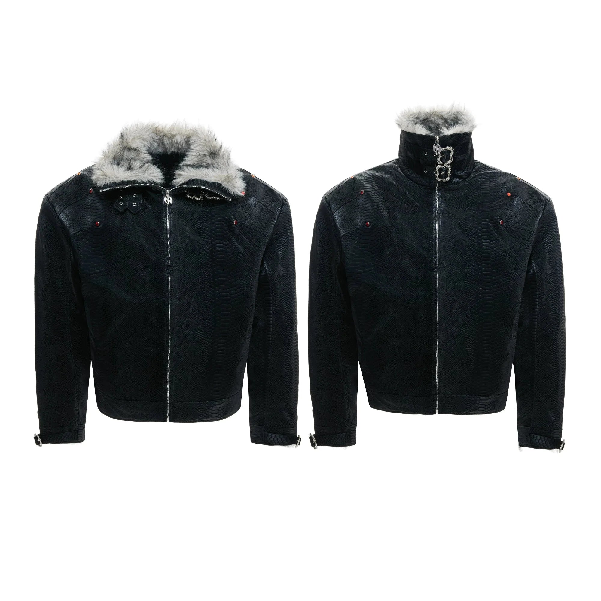 【26s Jan.】Black Python Textured Eagle Down Leather Jacket
