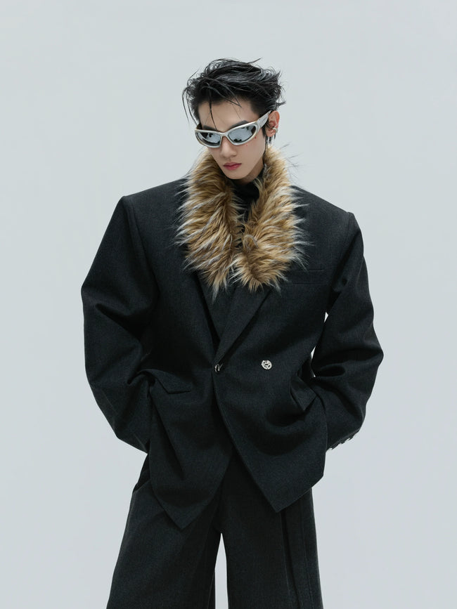 【25s Nov.】Elegant Detachable Fur Collar Wool Suit/Trousers Hover Image