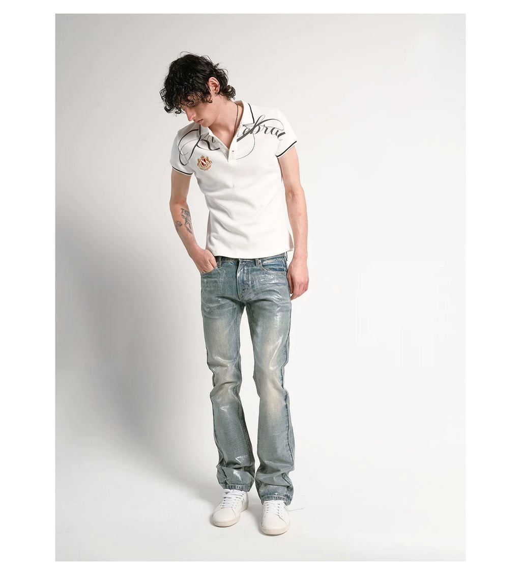 Ice Blue Crack Washed Flared Denim Jeans