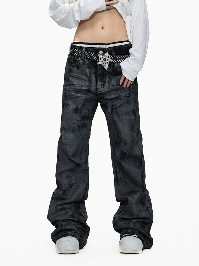 Hand-Waxed Stacked Flared Denim Jeans Hover Image