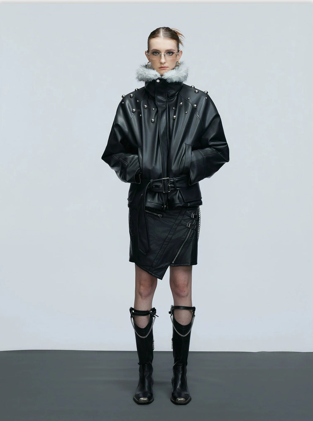【25s Nov.】Riveted Faux Wolf Fur Collar Thickened Cotton Coat