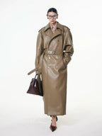 【26s May】Deconstructed PU Leather Double-Breasted Trench Coat