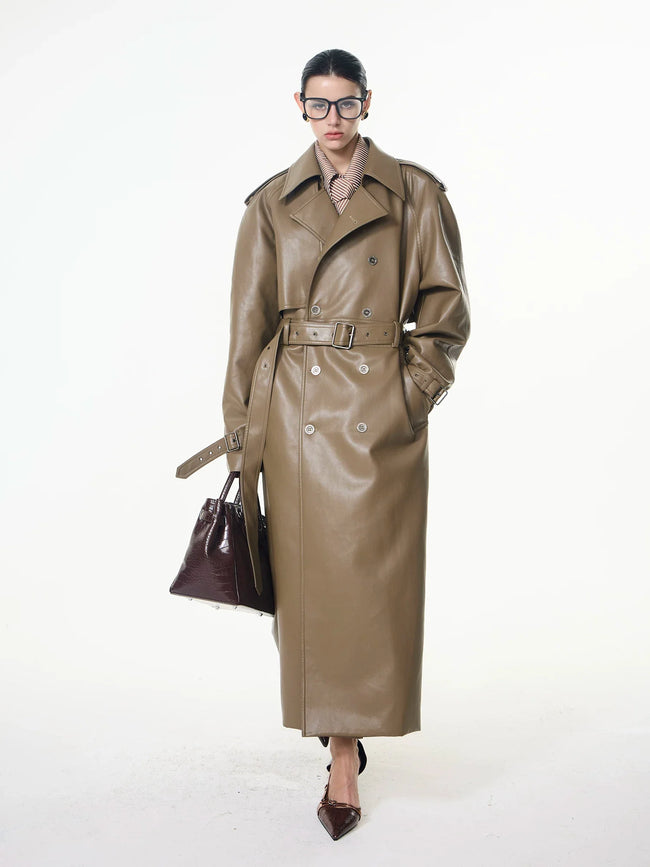 【26s May】Deconstructed PU Leather Double-Breasted Trench Coat Main Image