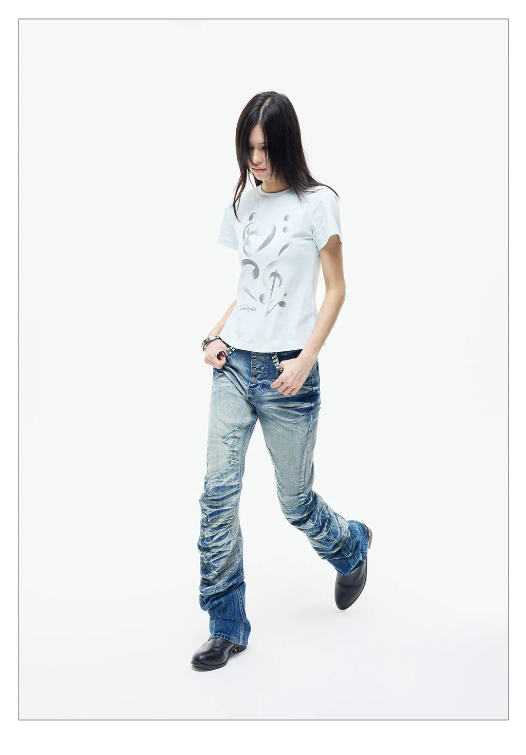 Ice Blue Studded Curved Skinny Jeans