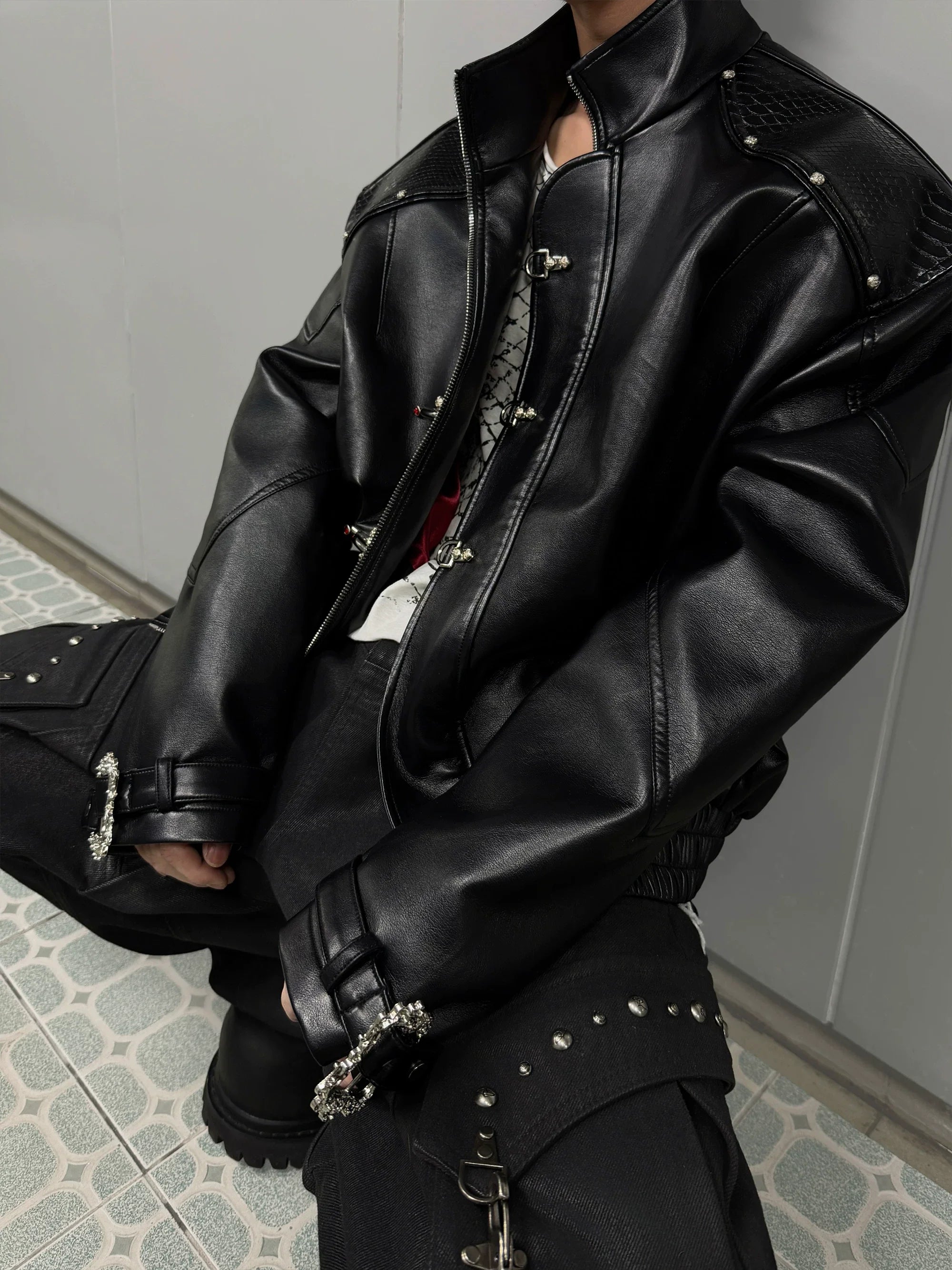 【26s Mar.】Snake-Embossed Aviator Leather Jacket