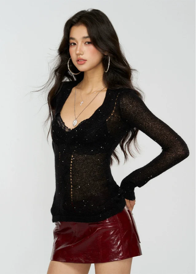 Shine Frame Deep-V Sparkle Sweater