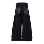 Studded Patchwork Washed Wide-Leg Denim Pants