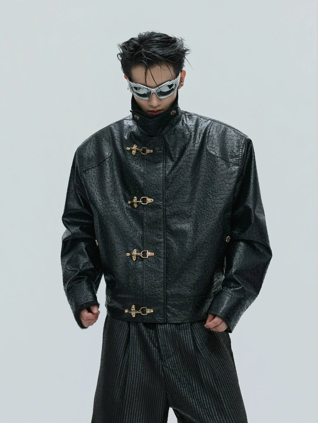 【25s Nov.】Ostrich Leather Aircraft Button Plush Leather Jacket