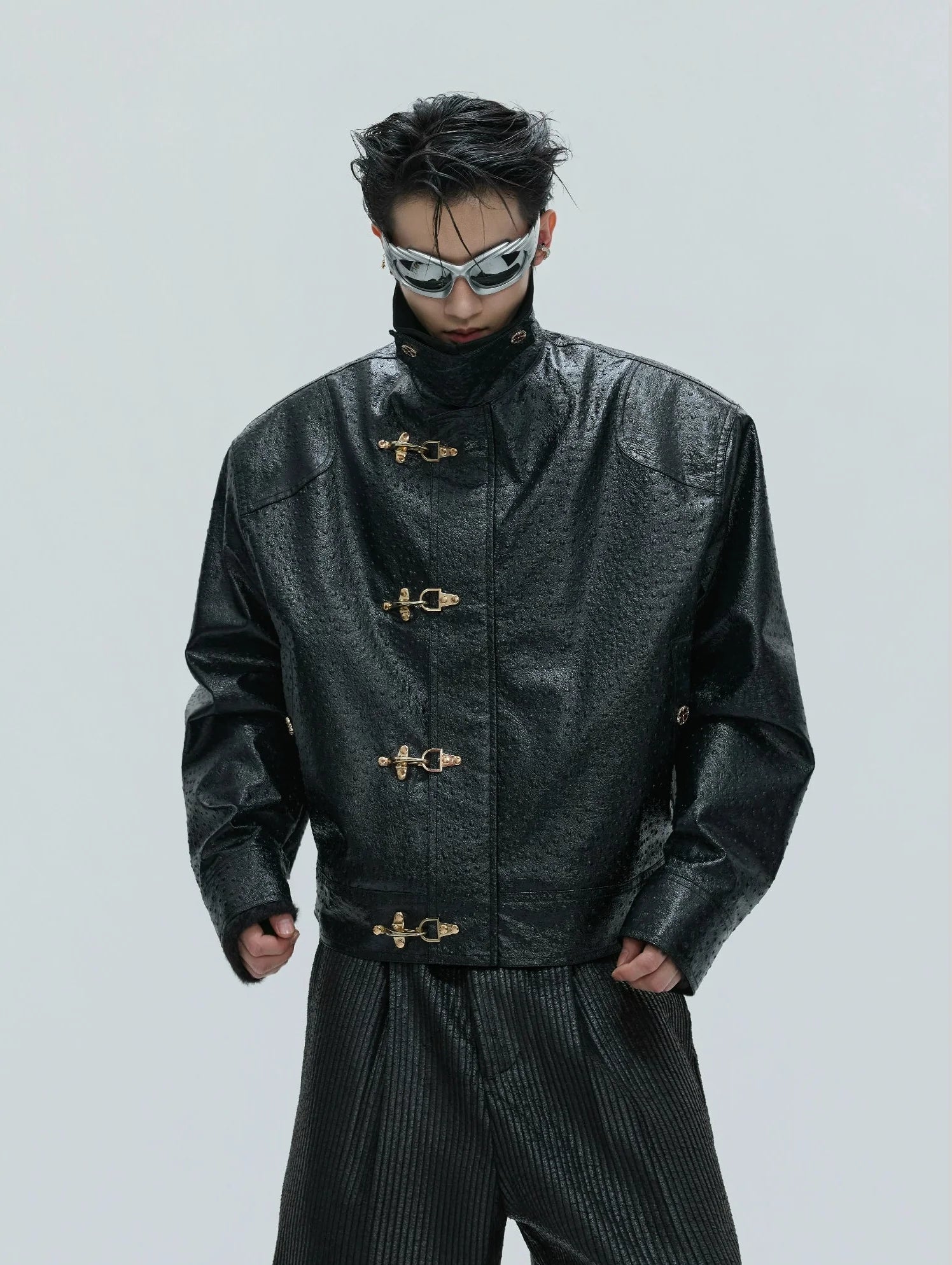 【25s Nov.】Ostrich Leather Aircraft Button Plush Leather Jacket