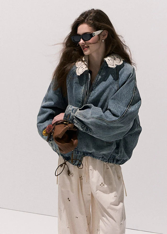 Denim Padded Jacket Set  Crochet Collar & Skirt