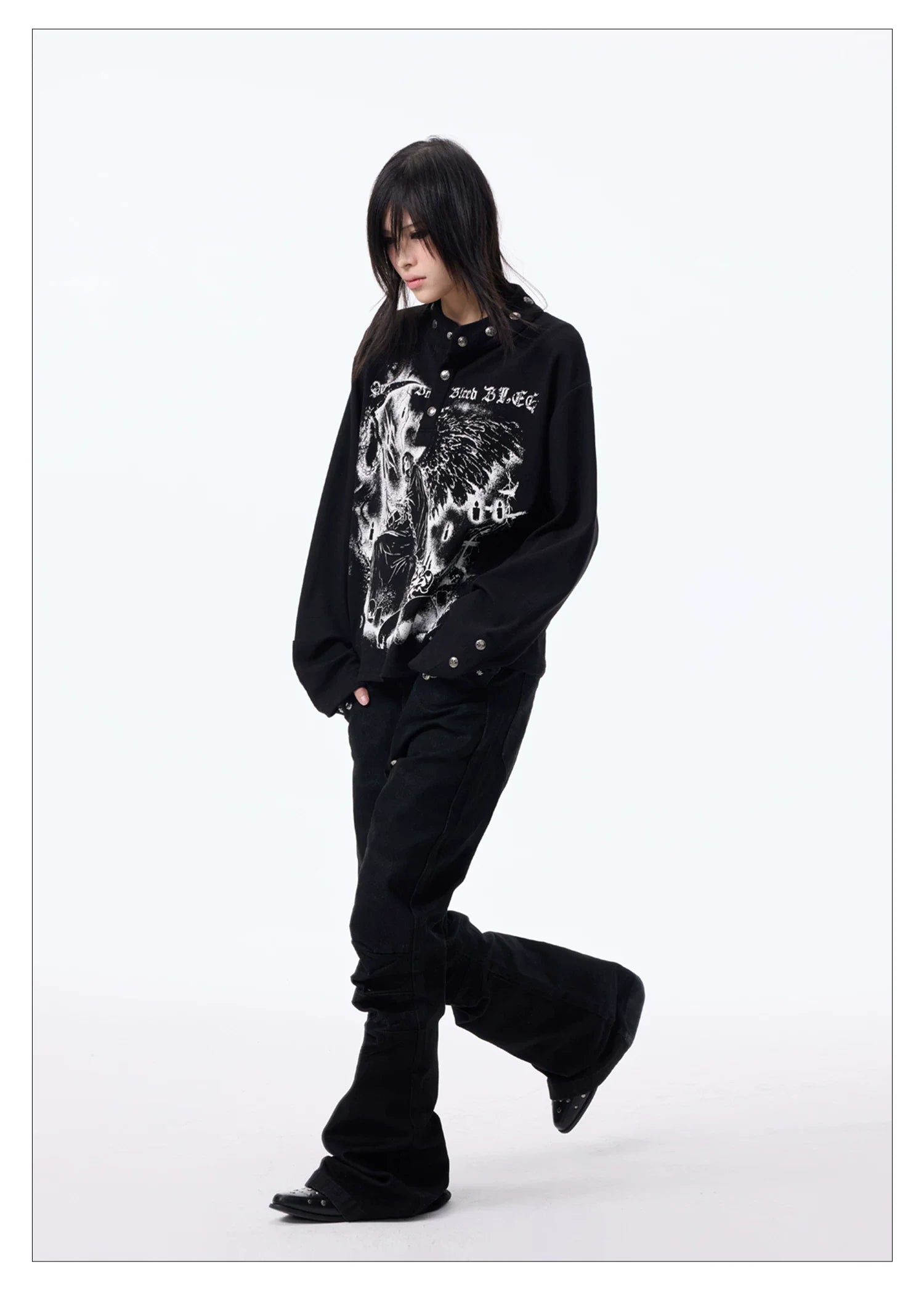 Dark Graphic Button Long Sleeve Tee