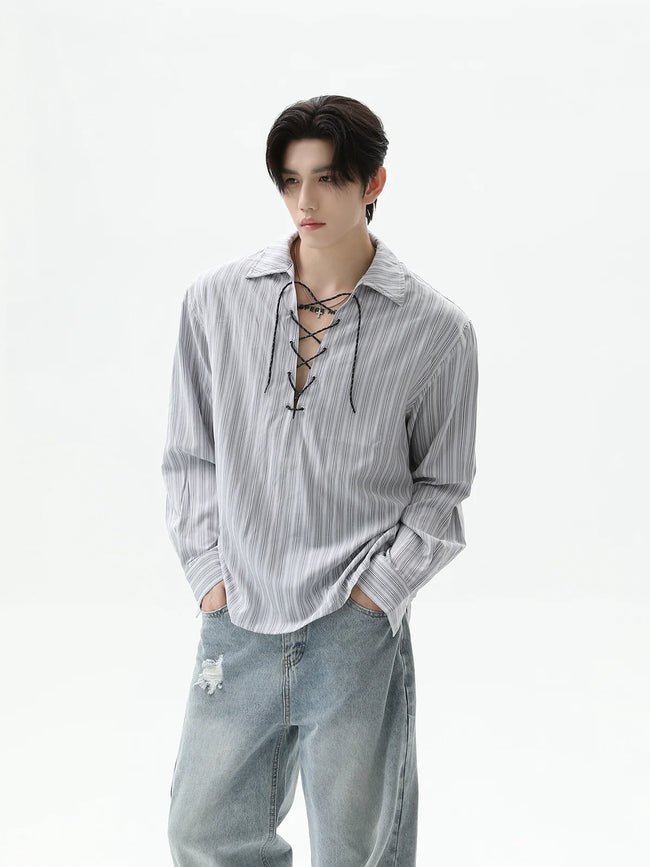【25s Sep.】Cleanfit Drawstring Striped Shirt Hover Image