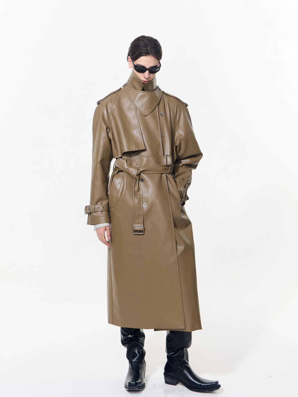 【26s May】Deconstructed PU Leather Double-Breasted Trench Coat