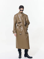 【26s May】Deconstructed PU Leather Double-Breasted Trench Coat