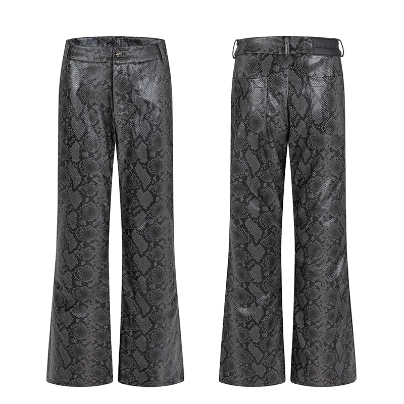【25s Apr.】Retro High Waist Snakeskin Pattern Flared Leather Pants