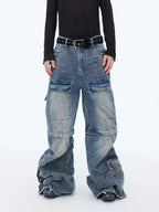 【25s Aug.】Washed Detachable Multi-Pocket Wide-Leg Jeans