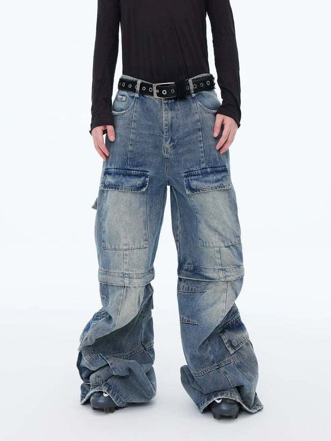 【25s Aug.】Washed Detachable Multi-Pocket Wide-Leg Jeans Main Image