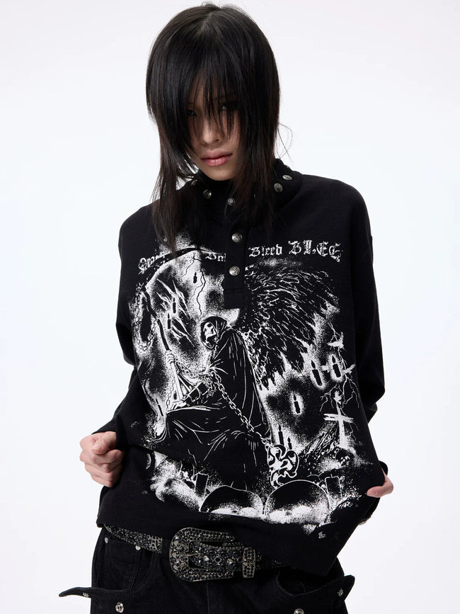 Dark Graphic Button Long Sleeve Tee Main Image