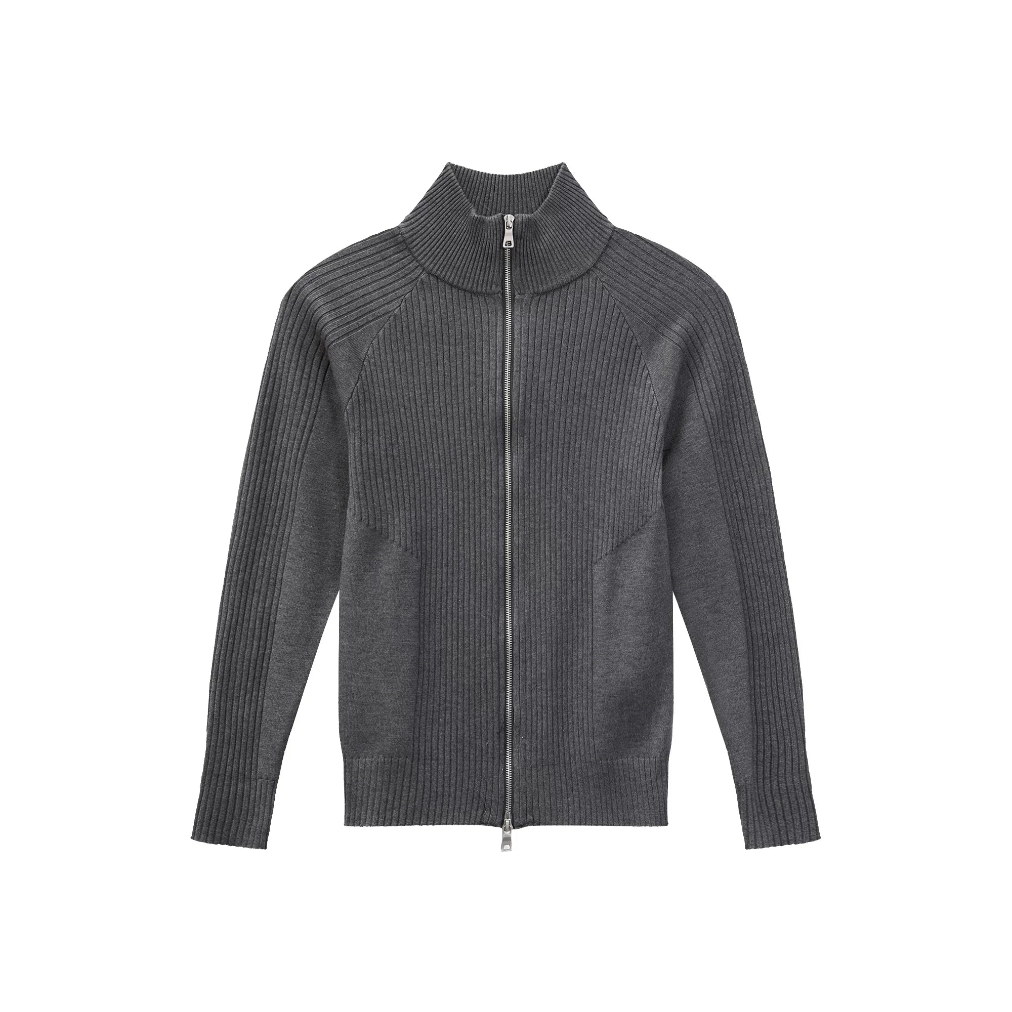 【26s Jan.】Slim-Fit Ribbed Stand Collar Double-Zip Knit Cardigan