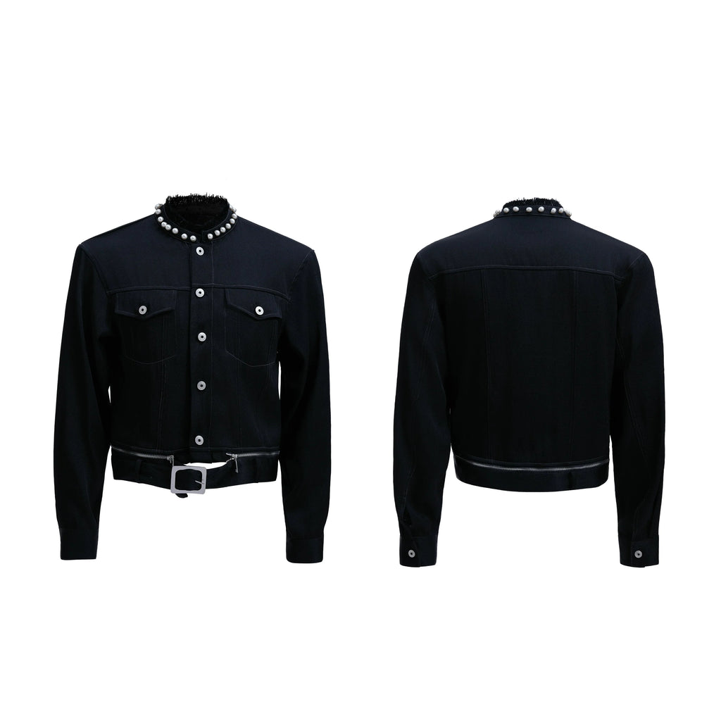【26s Apr.】Pearl Embellishment Elegant Collarless Loose Denim Jacket / Jeans