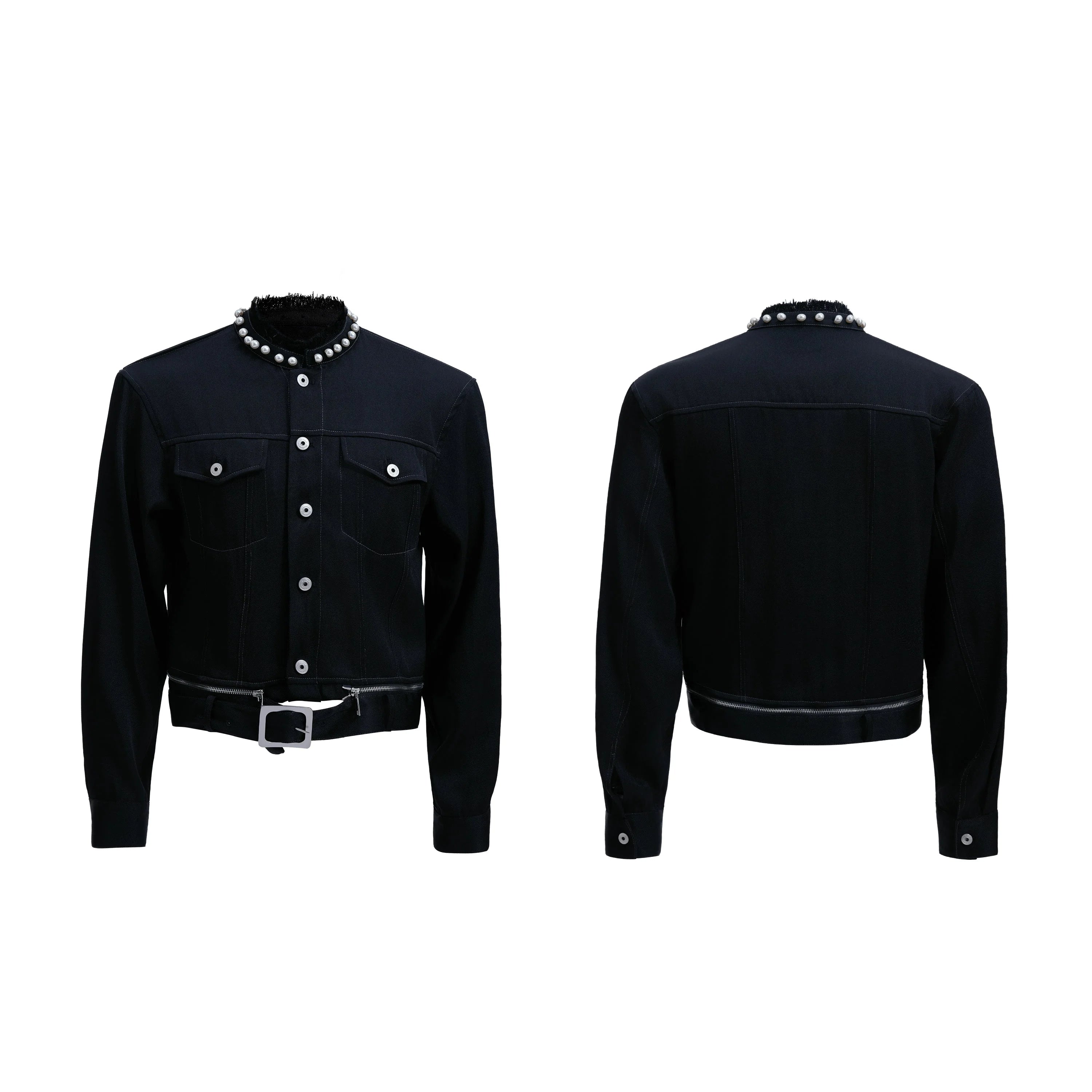【26s Apr.】Pearl Embellishment Elegant Collarless Loose Denim Jacket / Jeans