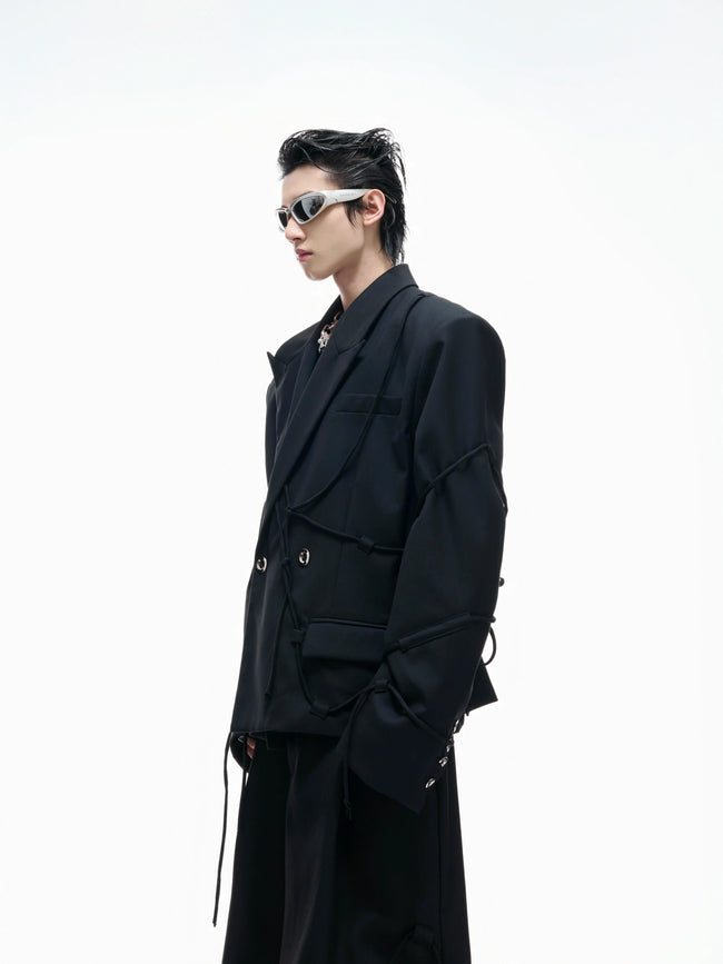 【25s Aug.】Striped Belted Cropped Blazer /Pants Set Hover Image