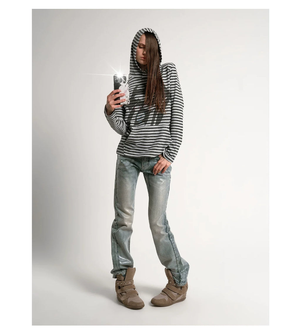 Ice Blue Crack Washed Flared Denim Jeans