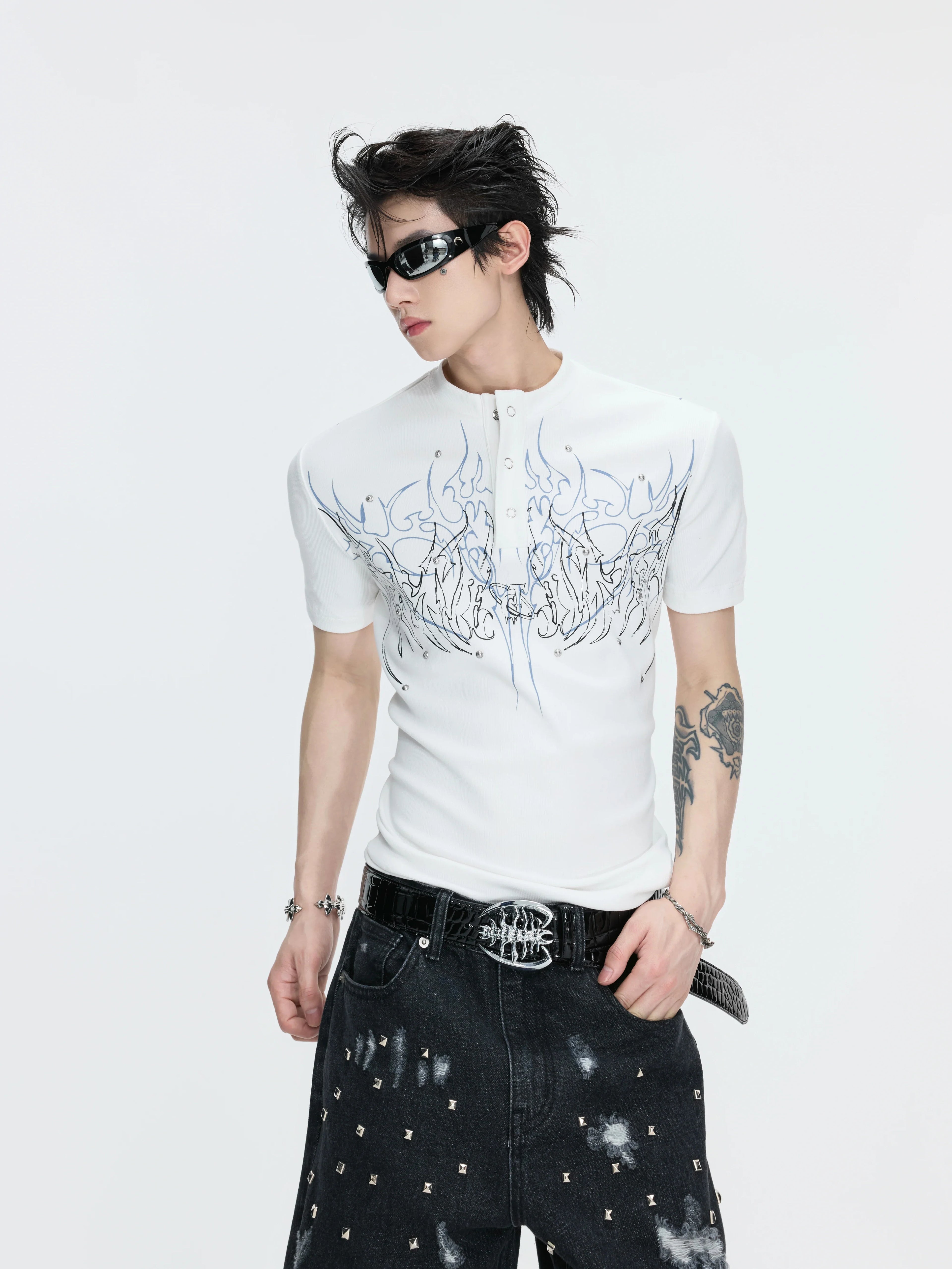 Gothic Flame Studded Slim Tee
