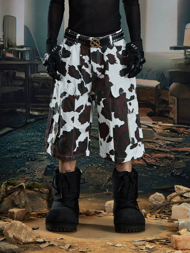 【25s Aug.】Deconstructed Patchwork Cargo Cow-Print Cropped Pants Hover Image