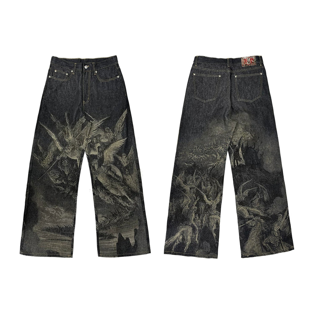 【26s May】Laser Burn Pattern Baggy Raw Denim Pants