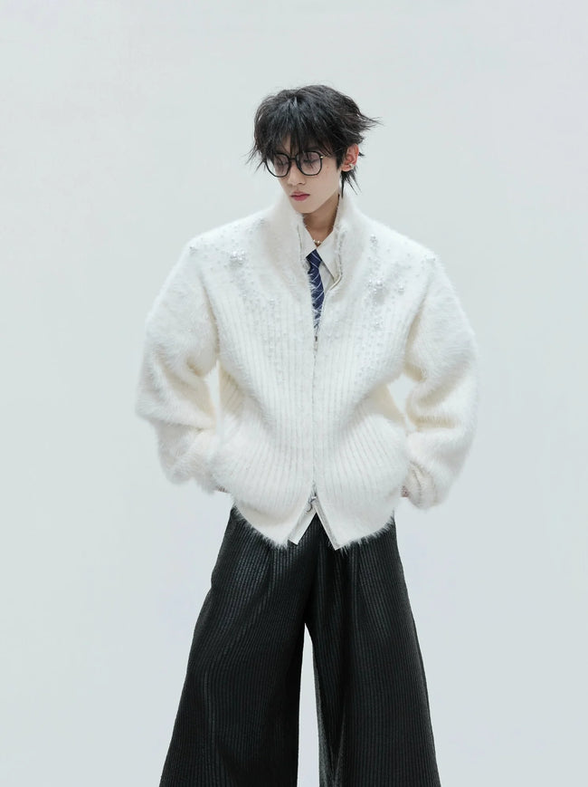 【25s Nov.】High-neck Plush Pearl Embellished Sweater Main Image