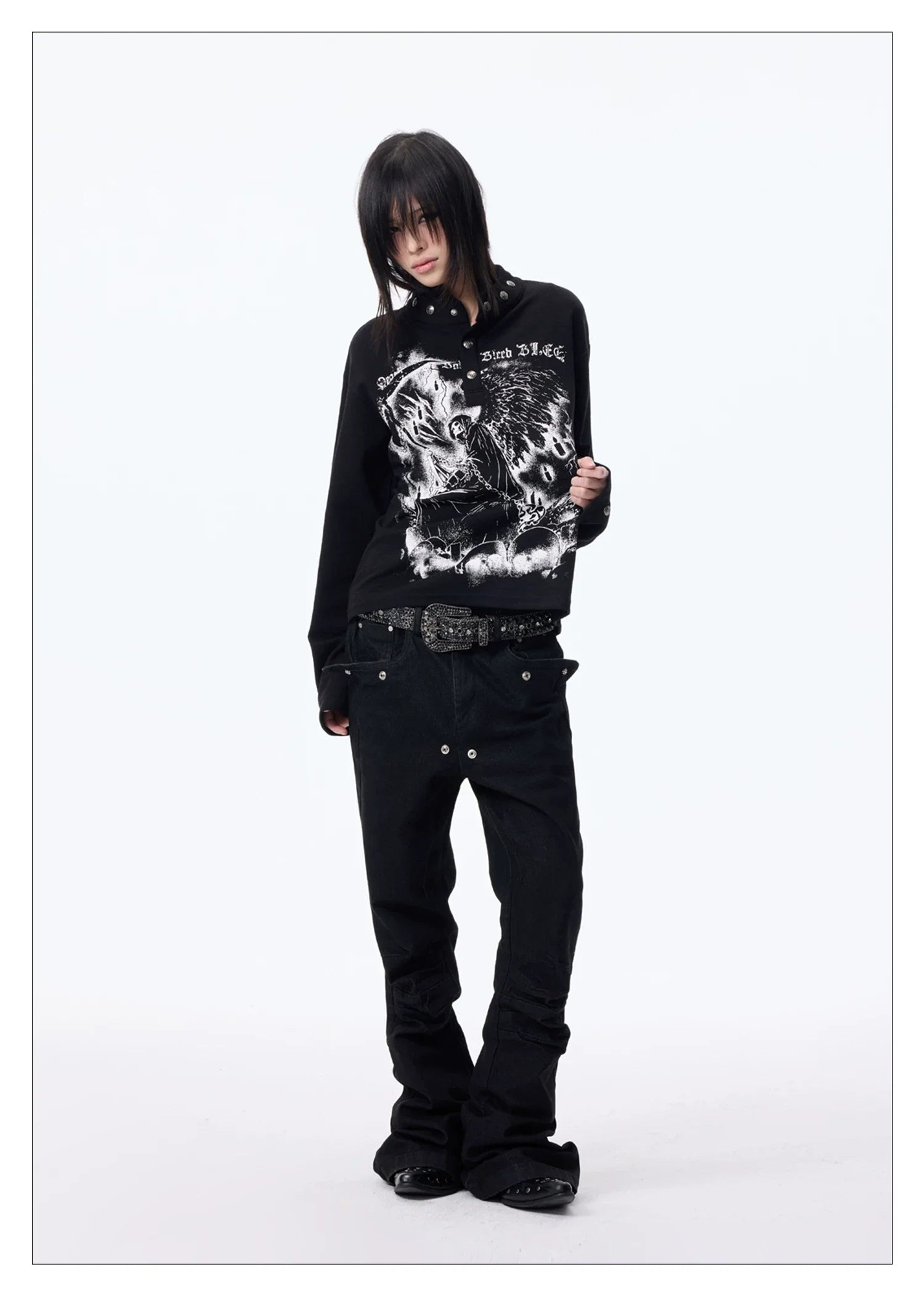 Dark Graphic Button Long Sleeve Tee