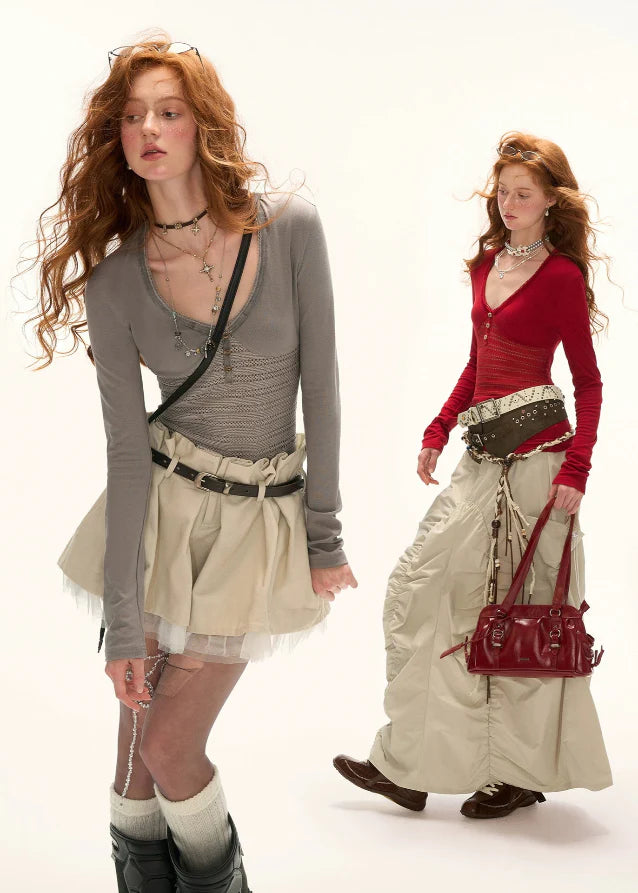 Patchwork Cut-Out V-Neck Top