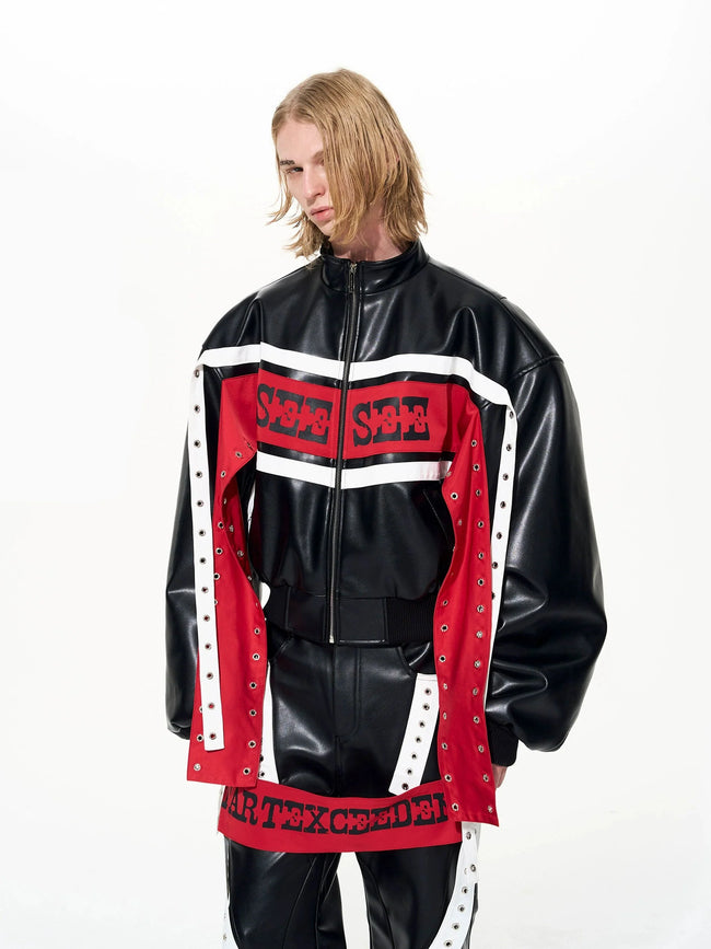 【25s Dec.】Color-blocked Ribbon Racing Leather Jacket/ Pants Hover Image