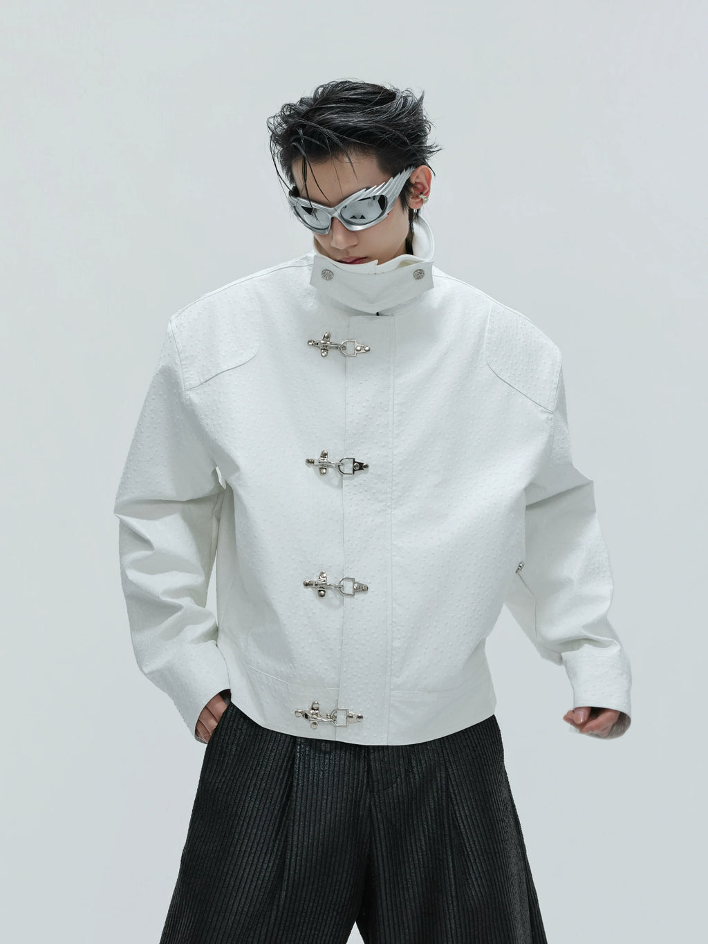 【25s Nov.】Ostrich Leather Aircraft Button Plush Leather Jacket