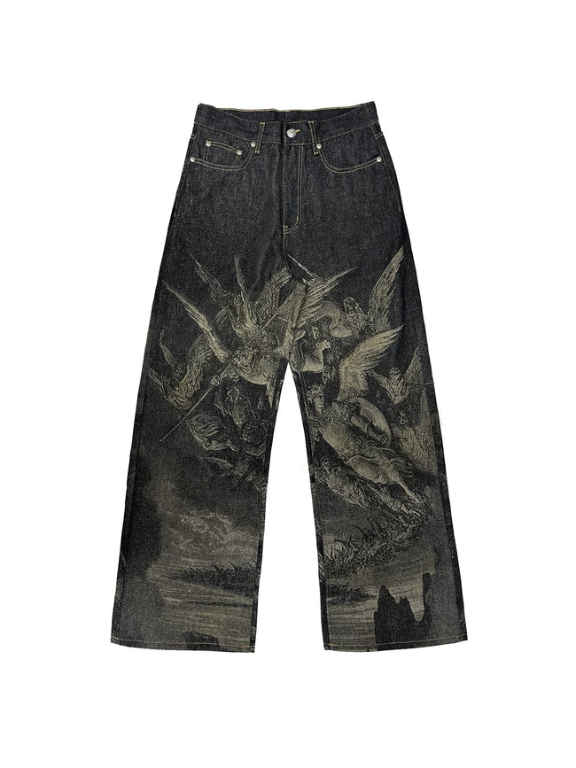 【26s May】Laser Burn Pattern Baggy Raw Denim Pants Hover Image