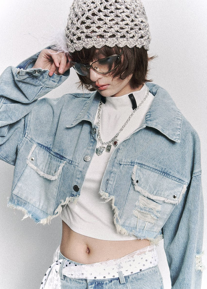 Cutline Cropped Denim Jacket