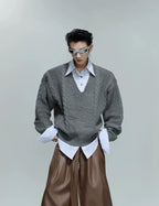 【25s Oct.】Shirt-paneled Button-down V-neck Sweater