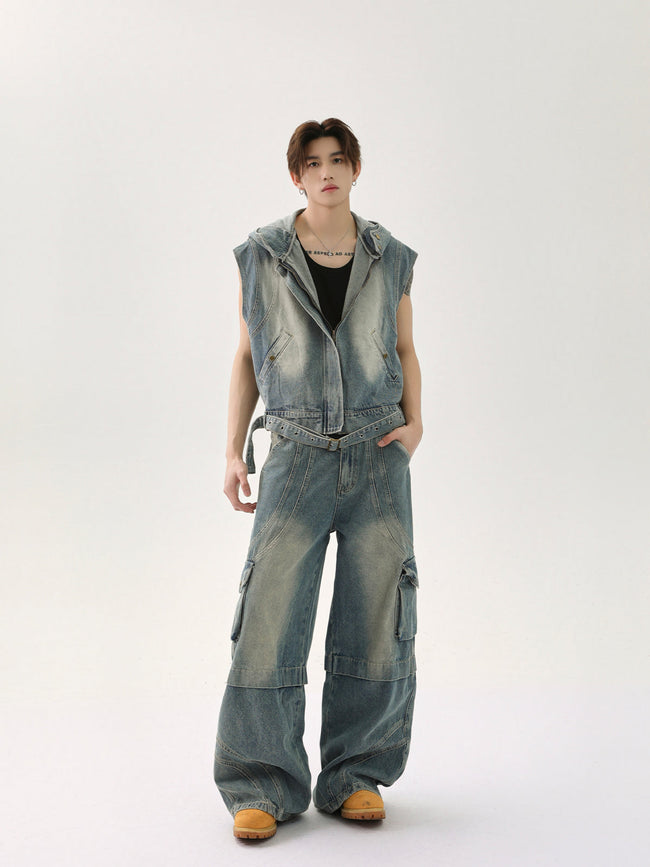 【25s Apr.】Vintage Distressed Denim Vest Vest Patchwork Trousers Casual Suit Hover Image