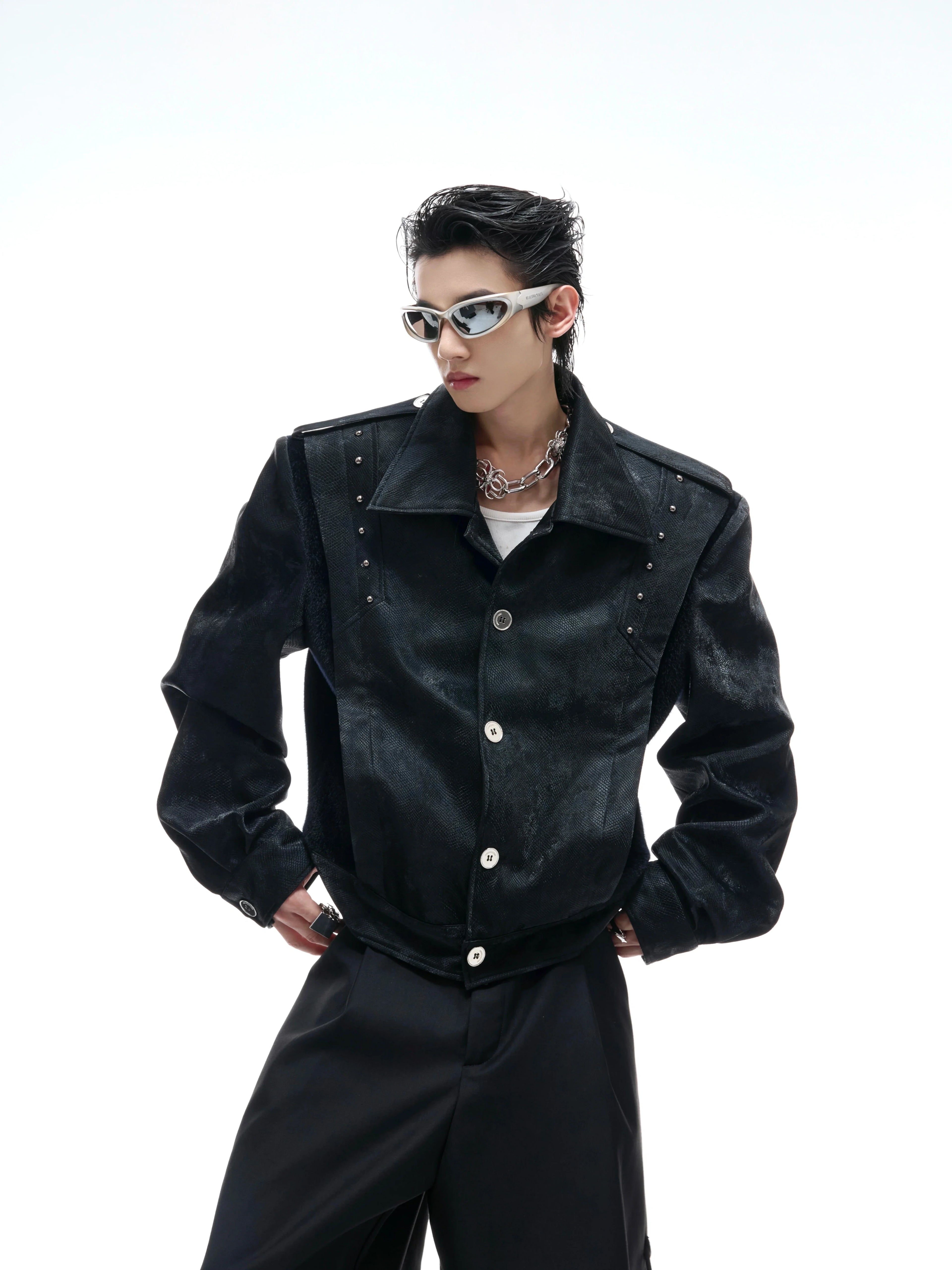 【25s Aug.】Studded Embroidered Snakeskin Leather Short Jacket