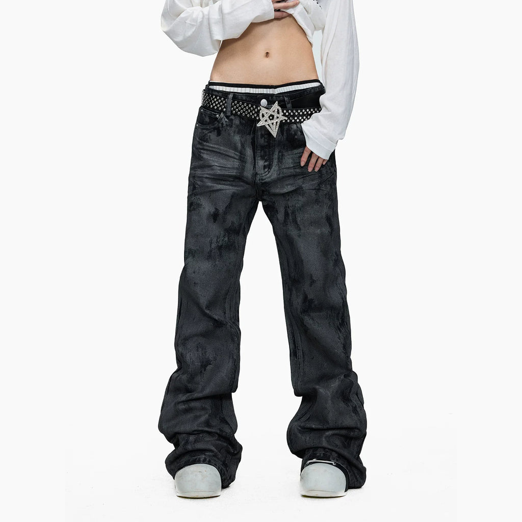Hand-Waxed Stacked Flared Denim Jeans