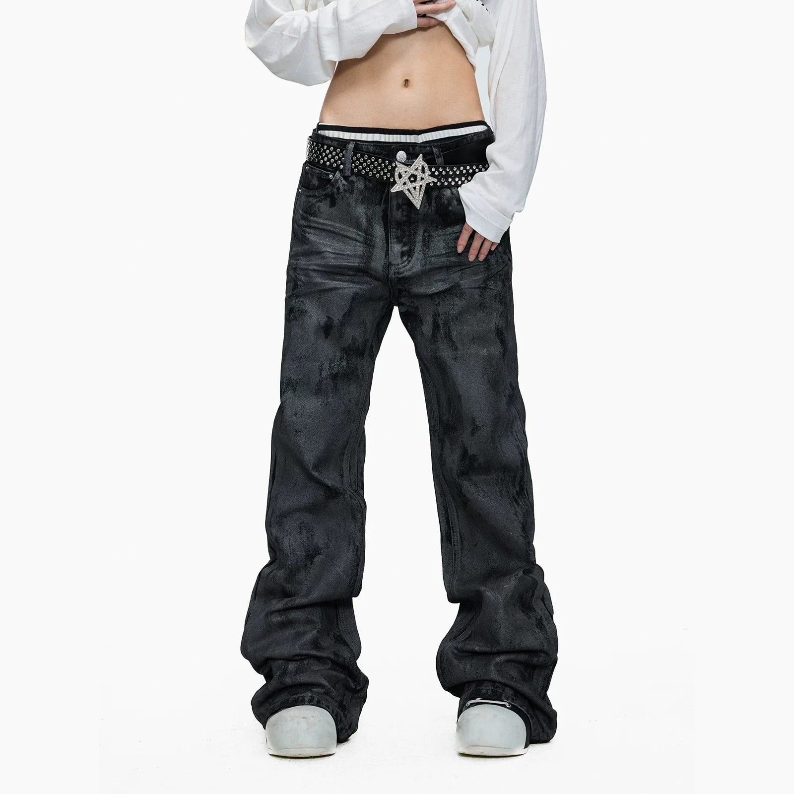 Hand-Waxed Stacked Flared Denim Jeans