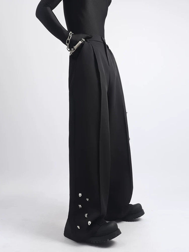 【26s May.】Metal Detail Patchwork Wide-Leg Black Pants Hover Image