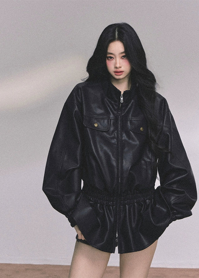 Noir Élégance Sculpted PU Moto Jacket