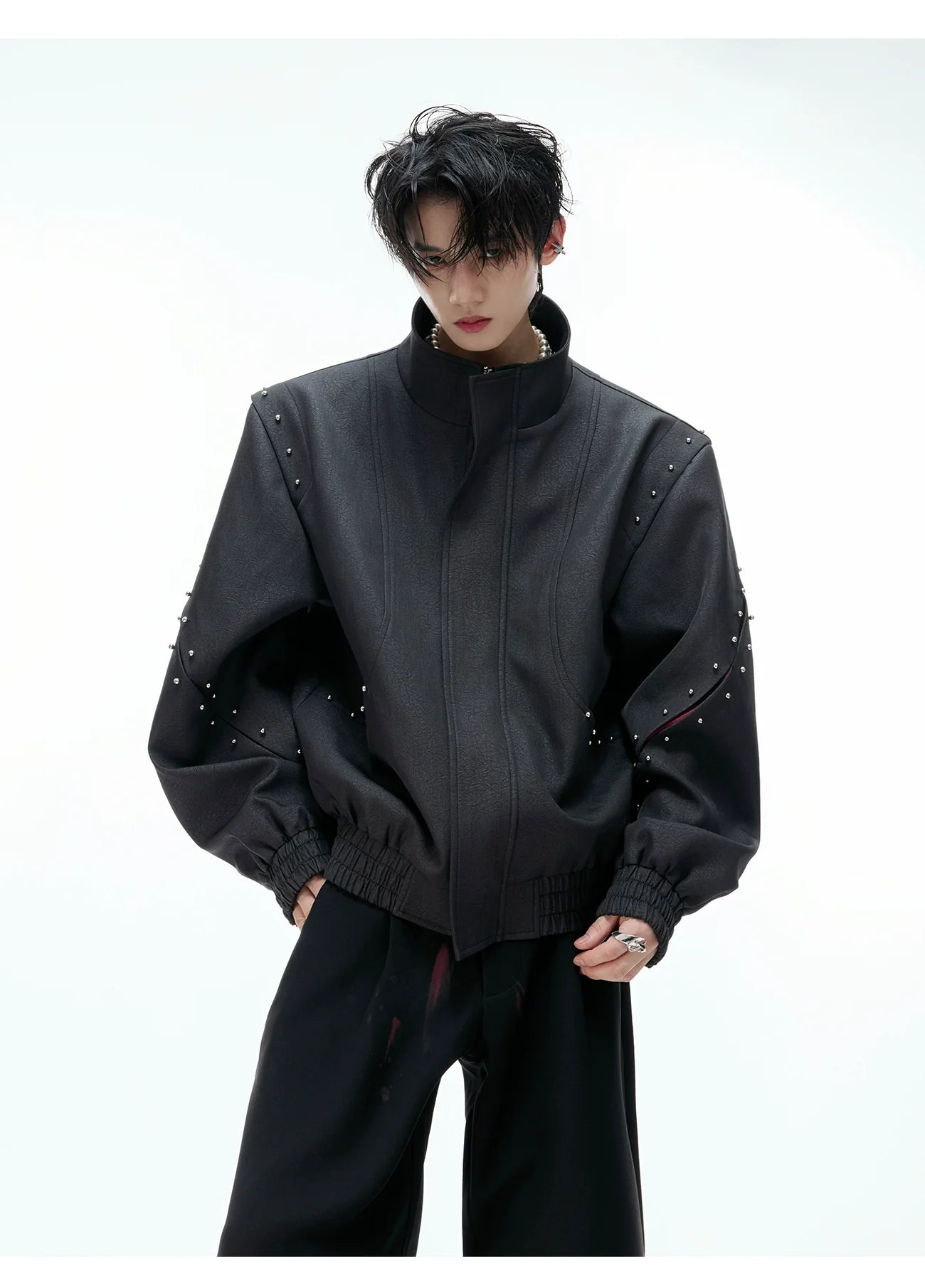 【25s Aug.】Deconstructed Colorblock Stand Collar Rivet Loose-Fit Jacket