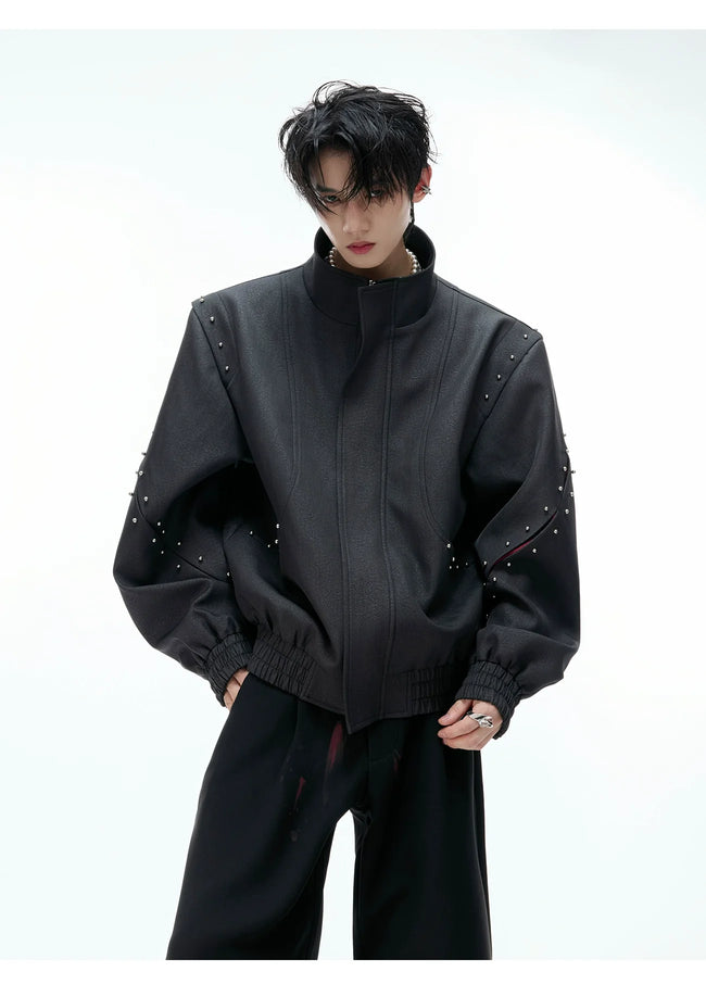 【25s Aug.】Deconstructed Colorblock Stand Collar Rivet Loose-Fit Jacket Main Image