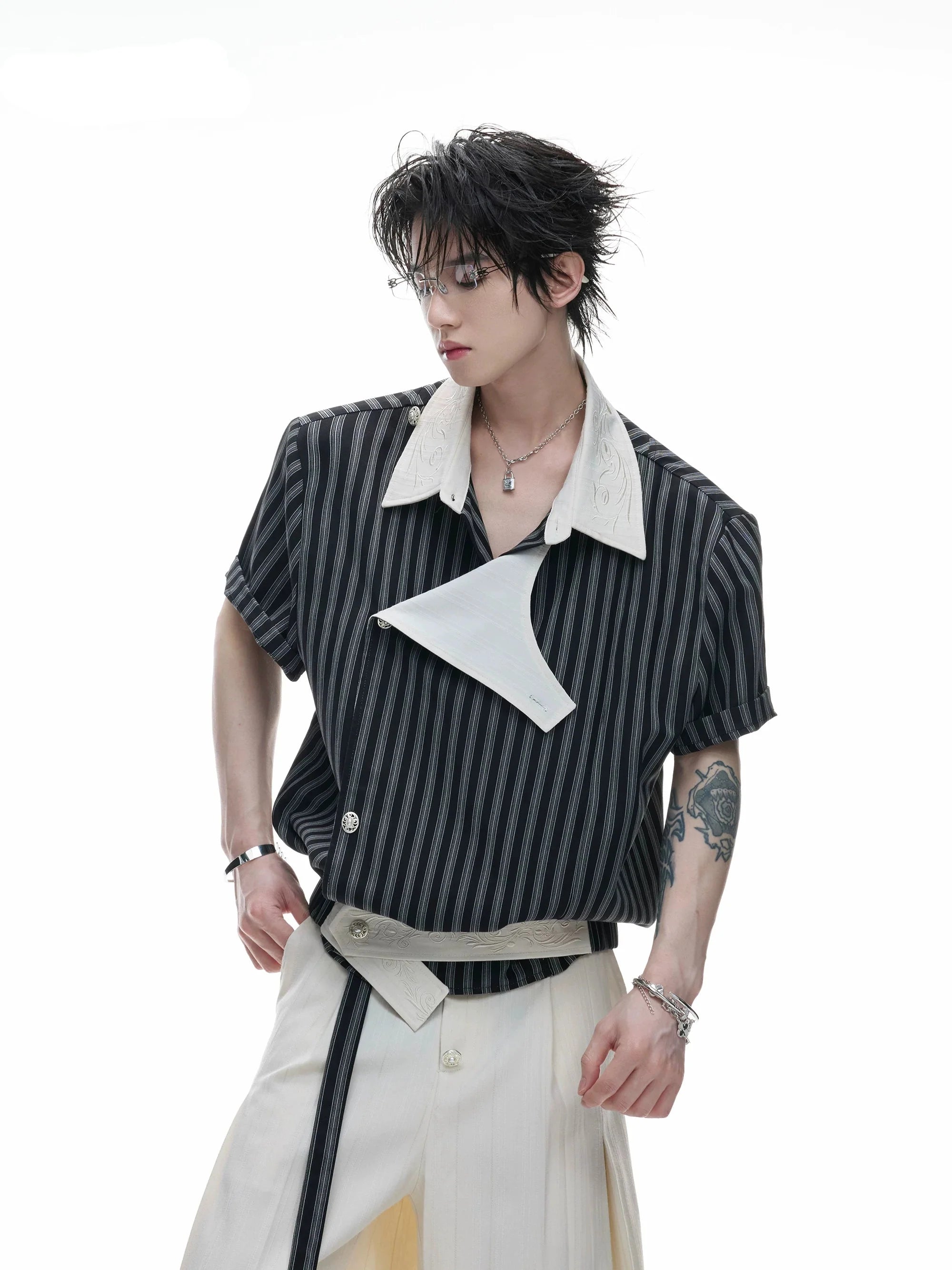 Embroidered Asymmetric Stripe Shirt Tee