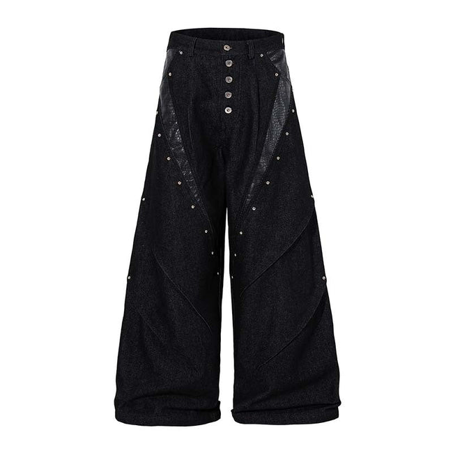 Studded Patchwork Washed Wide-Leg Denim Pants Hover Image